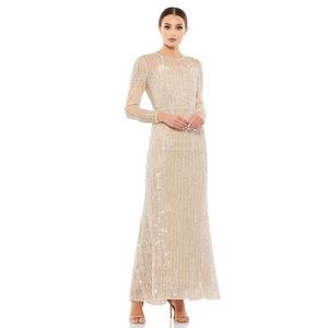 Mac Duggal SEQUINED ILLUSION HIGH NECK LONG SLEEVE TRUMPET GOWN / Size 8